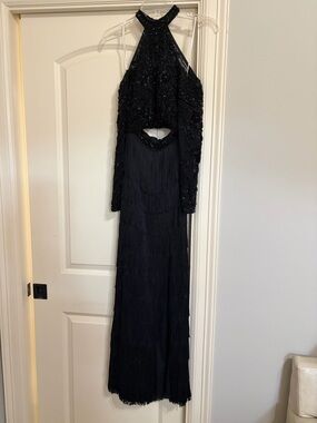 Angela & Alison Black Beaded Halter Prom Dress with Layered Fringe Skirt